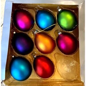 8 Vintage Glass Egg Christmas Ornaments Colorful Rainbow Matte Jewel Tones 2004